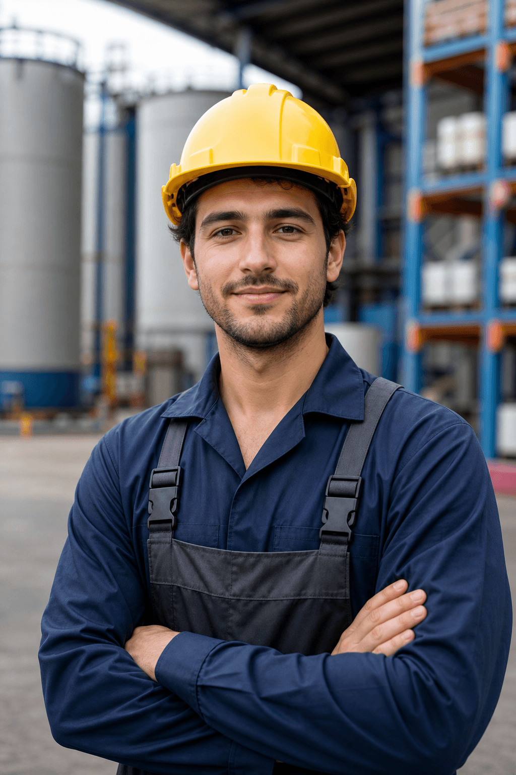 Young industrial worker wearing a safety helmet and work apron